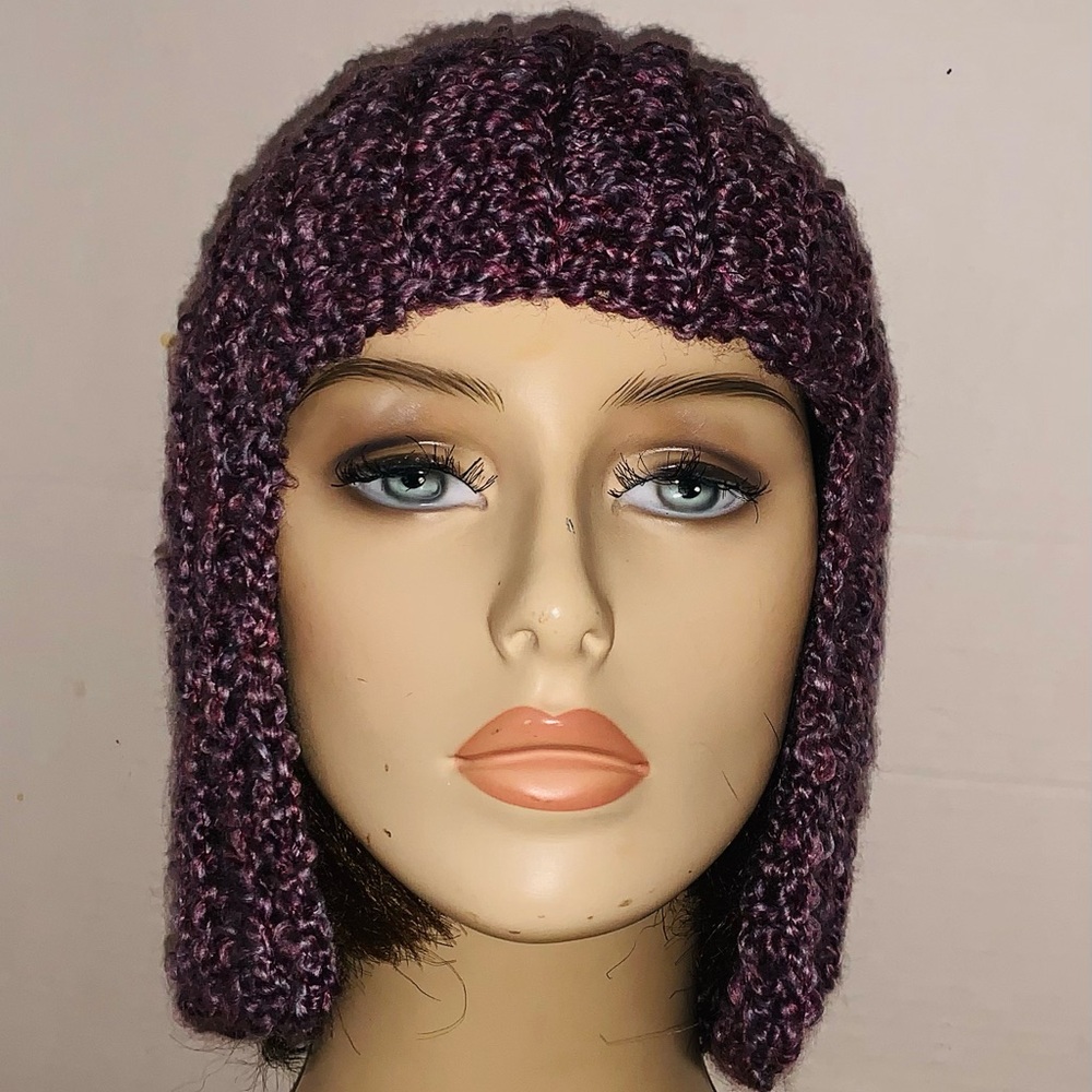 Bob Cut Crochet Purple Beanie Hat Adult Sz Head Circumference 22-24 11 Inch Long